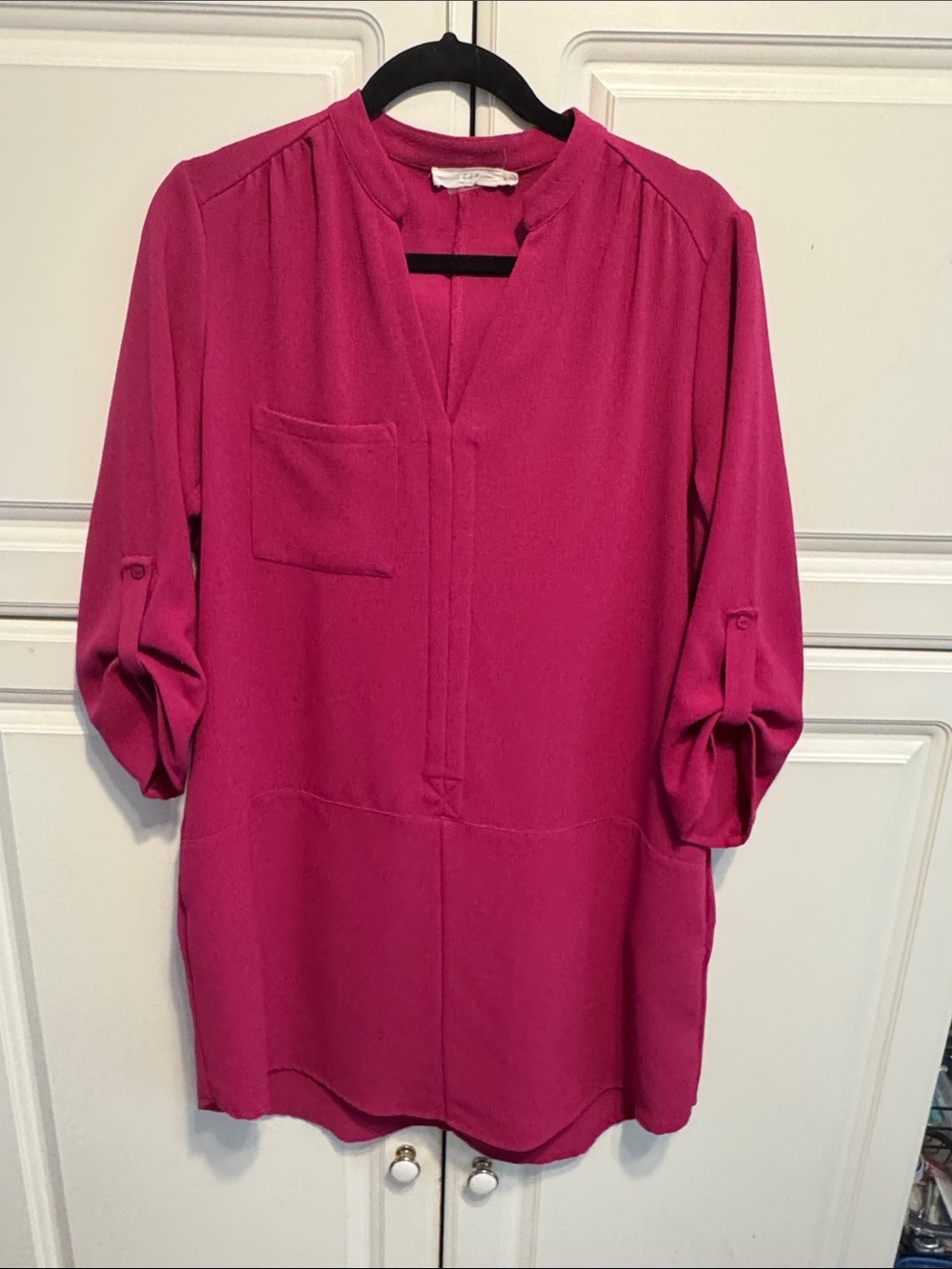 Lush Fuchsia Split-Neck Tunic with Chest Pocket